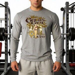 GOLD’S GYM ! Vintage 80’s Authentic Men’s Long Sleeve Gray Tee Shirt Size S NEW